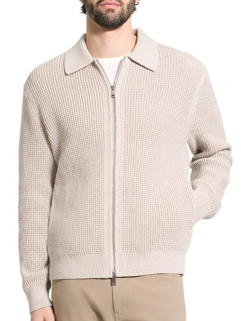 Men's Beige Waffle Knit Full Zip Cardigan Collared Texture Jacket