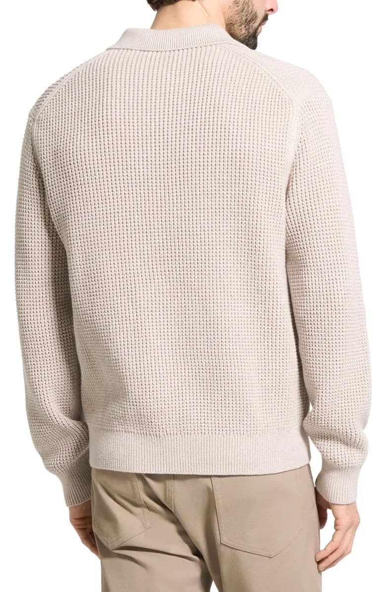 Men's Beige Waffle Knit Full Zip Cardigan Collared Texture Jacket — view 2
