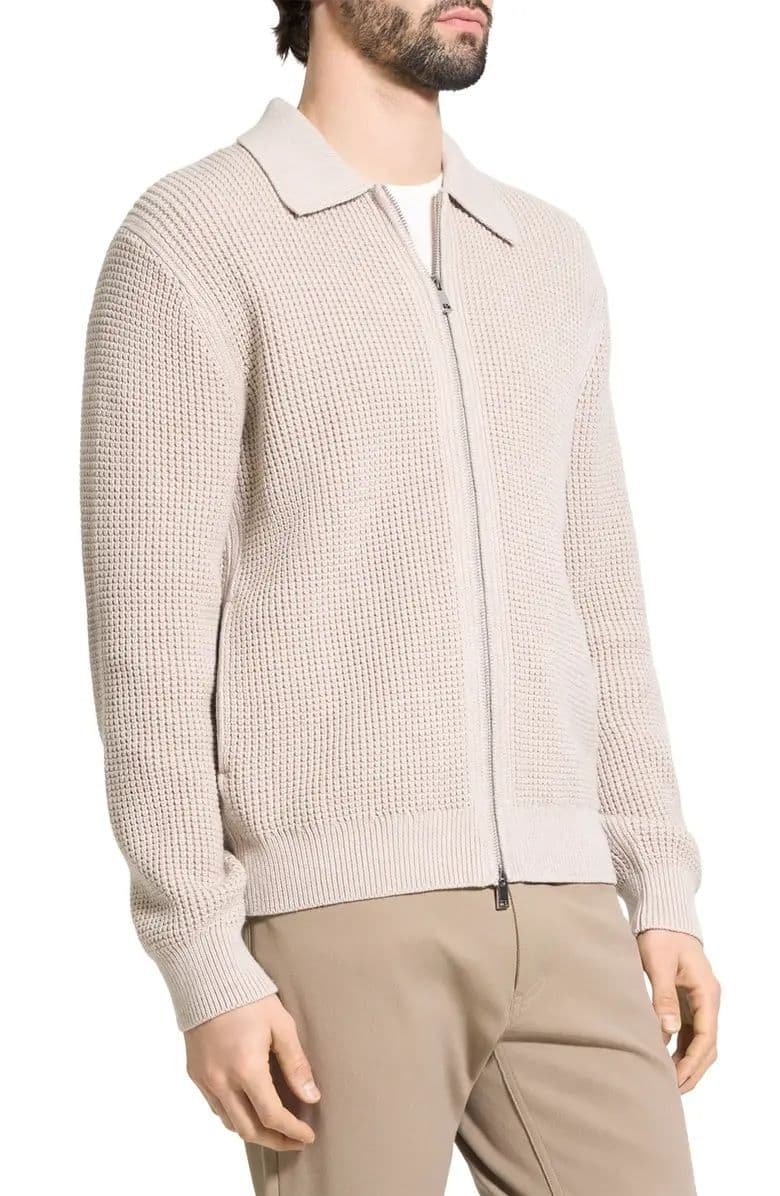 Men's Beige Waffle Knit Full Zip Cardigan Collared Texture Jacket — view 3
