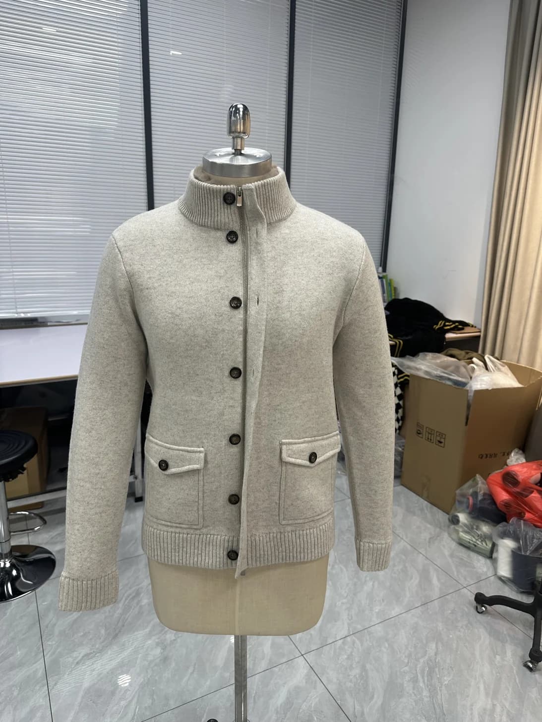 Men's Beige Wool Winter Faux Fur Jacket — view 2