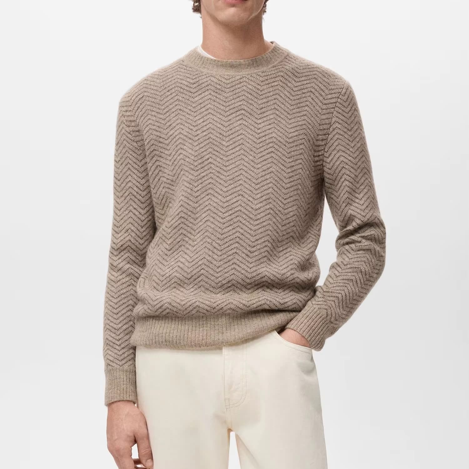 Men's Beige Zigzag Pattern Crew Neck Sweater Textured Wool