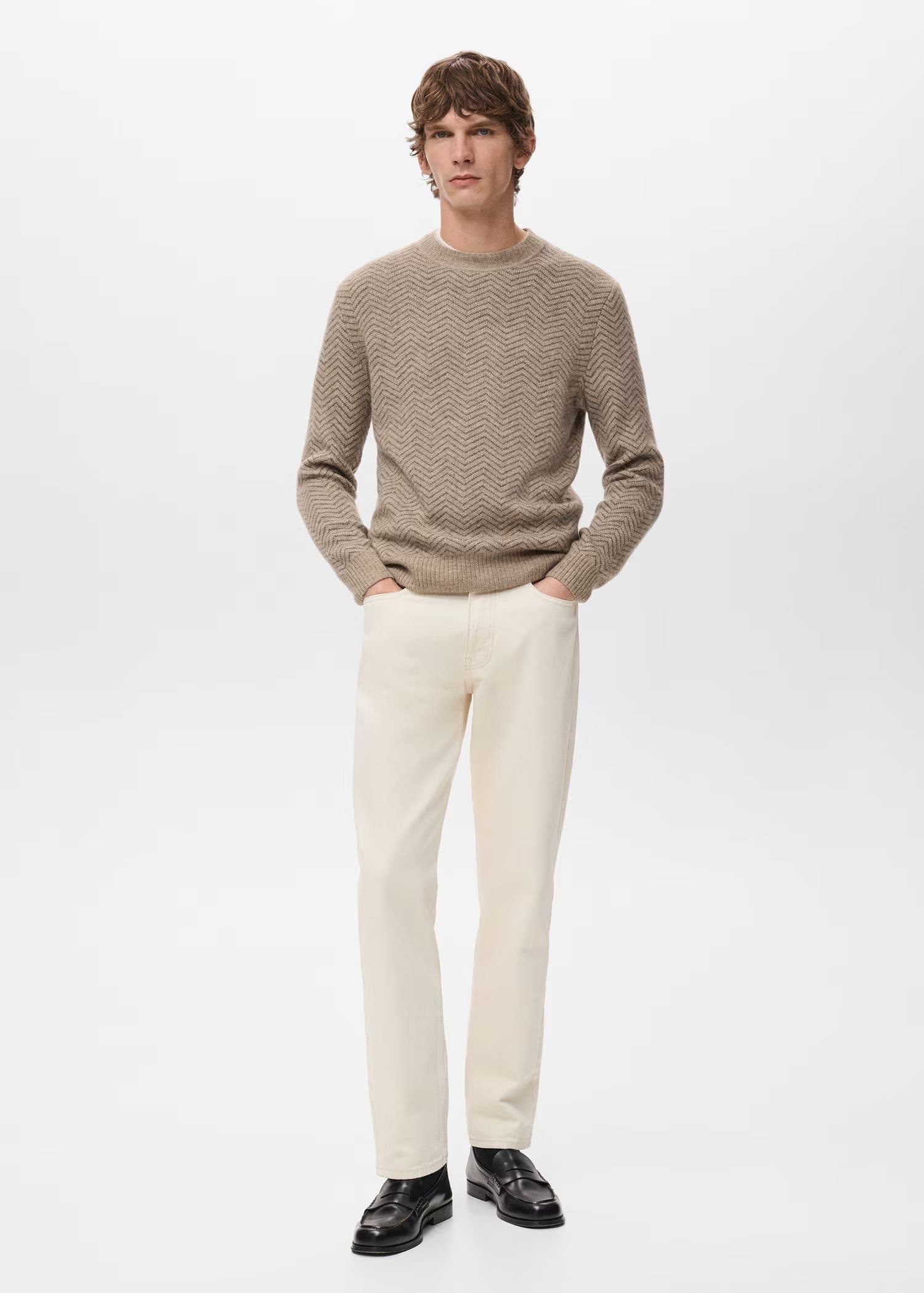 Men's Beige Zigzag Pattern Crew Neck Sweater Textured Wool — view 4