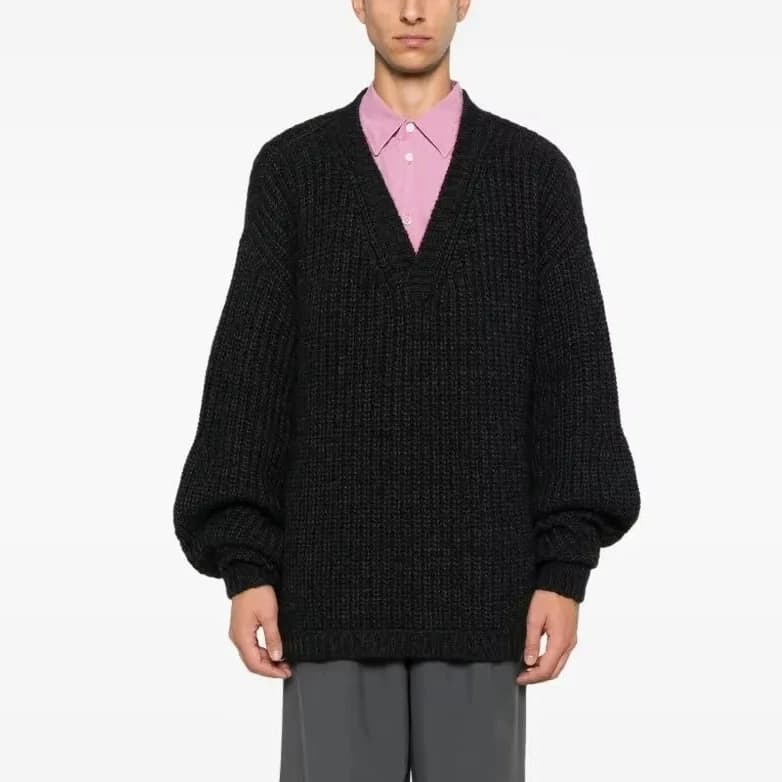 Men's Black Deep V Neck Sweater Fashion Layering Knit Pullover