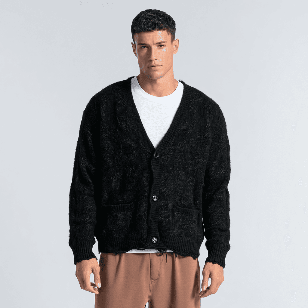 Men's Black Grunge Cardigan Hem Destroyed Knit V Neck Streetwear