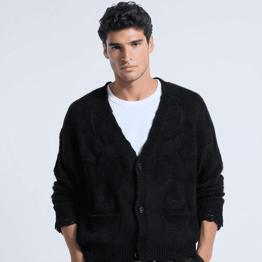 Men's Black Grunge Cardigan Hem Destroyed Knit V Neck Streetwear — view 3