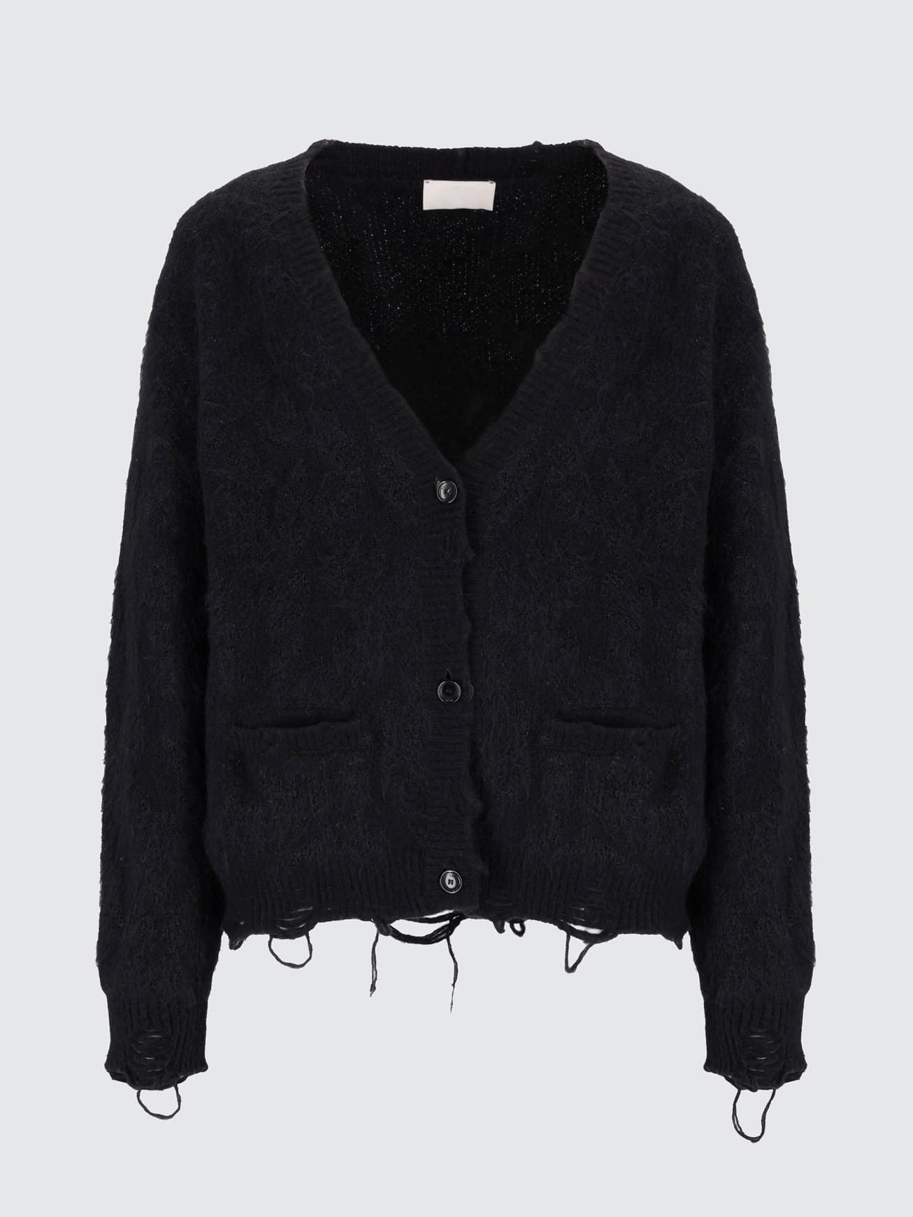 Men's Black Grunge Cardigan Hem Destroyed Knit V Neck Streetwear — view 5
