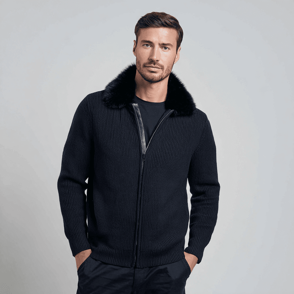 Men's Black Knit Full Zip Jacket Removable Fur Collar — view 2
