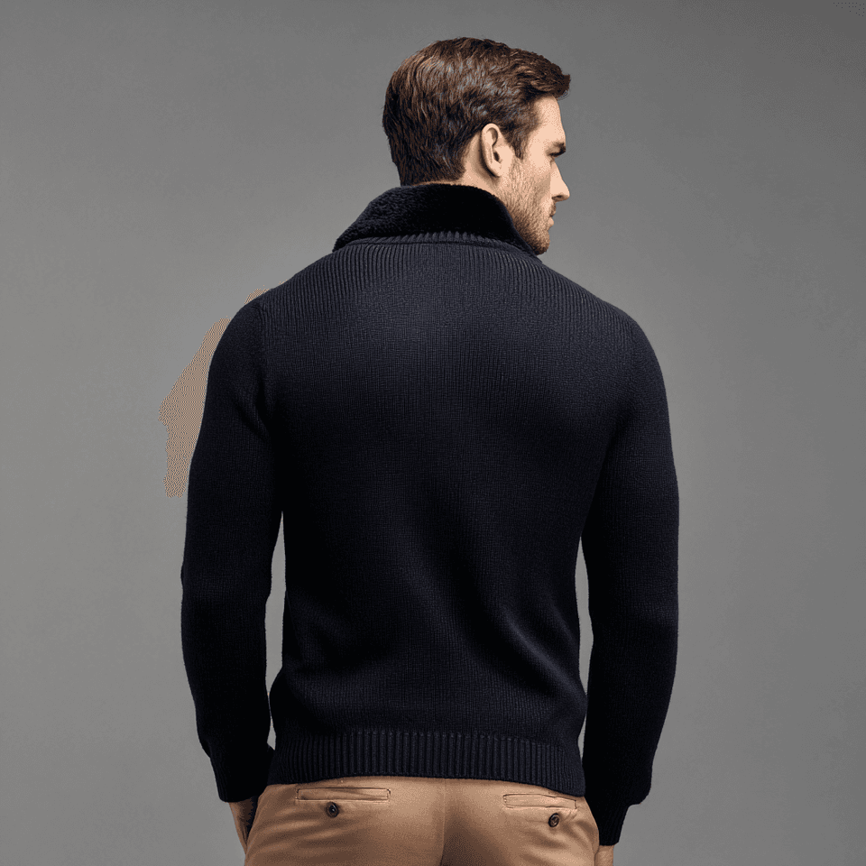 Men's Black Knit Full Zip Jacket Removable Fur Collar — view 3