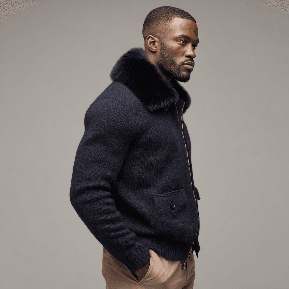 Men's Black Knit Full Zip Jacket Removable Fur Collar — view 4