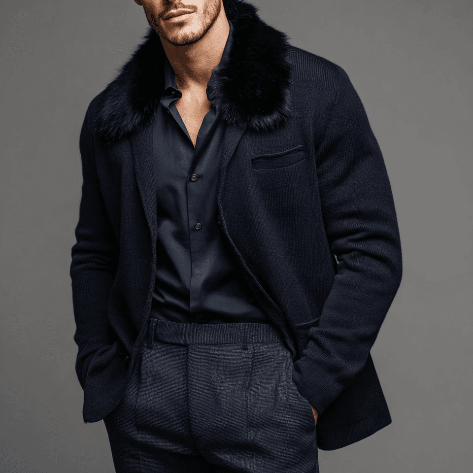 Men's Black Knit Full Zip Jacket Removable Fur Collar — view 5