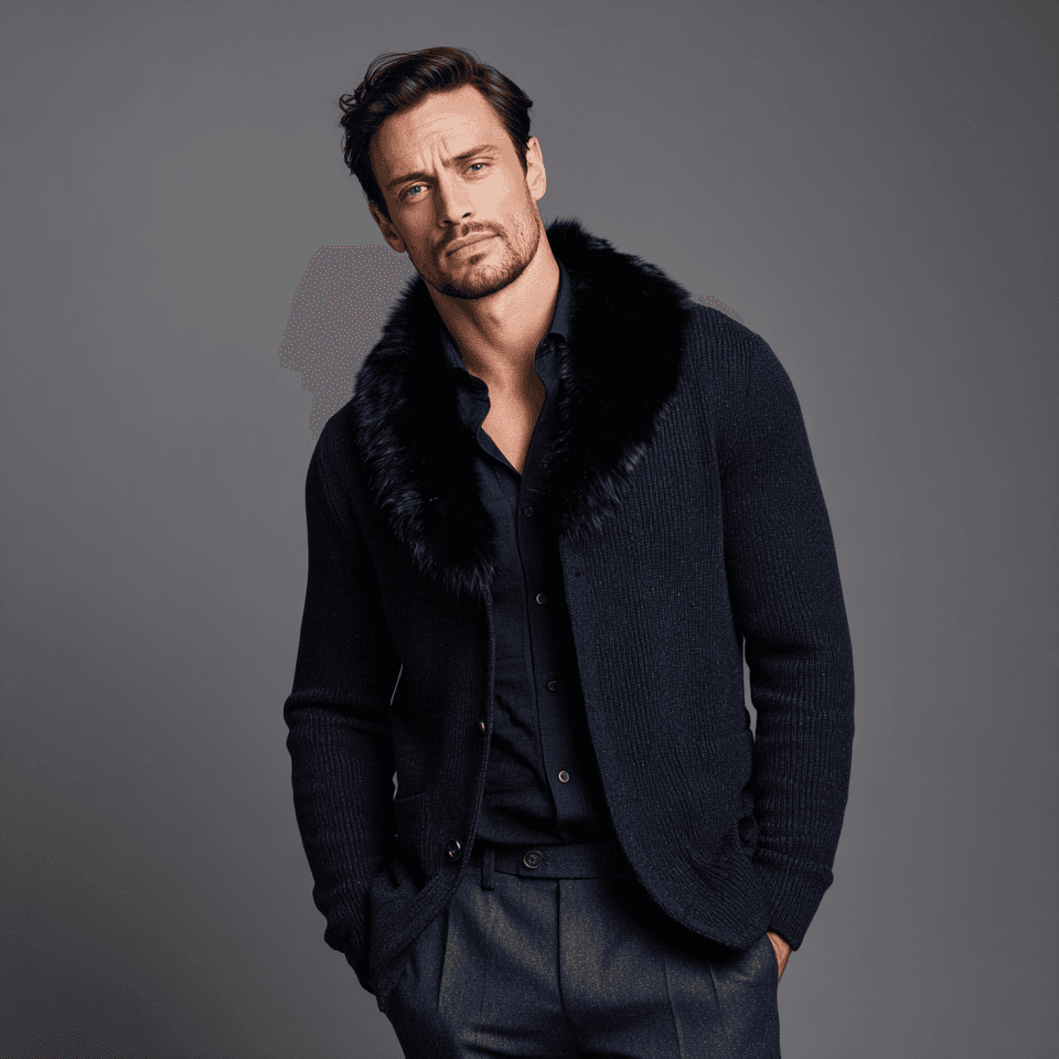 Men's Black Knit Full Zip Jacket Removable Fur Collar — view 6