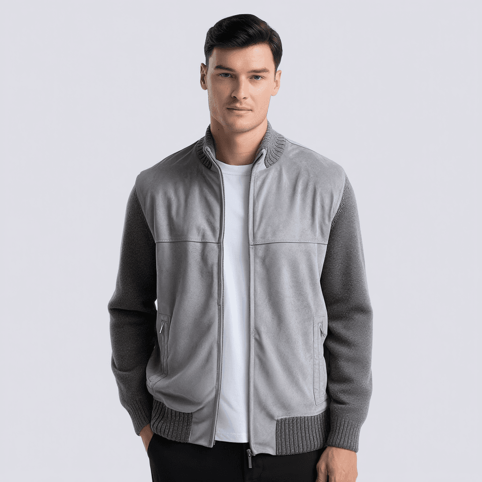 Men's Black Suede Bomber Jacket Ribbed Knit Trim — view 2