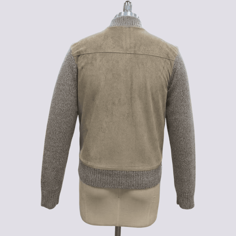 Men's Black Suede Bomber Jacket Ribbed Knit Trim — view 5