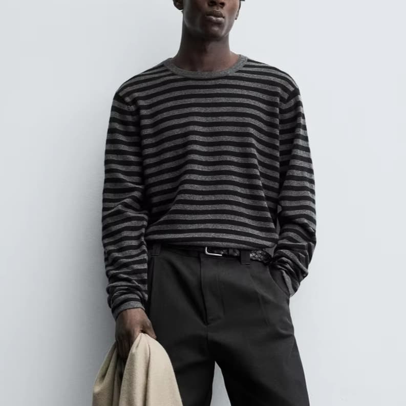 Men's 90s Grunge Grey Black Striped Crew Neck Sweater Cotton Wool Horizontal