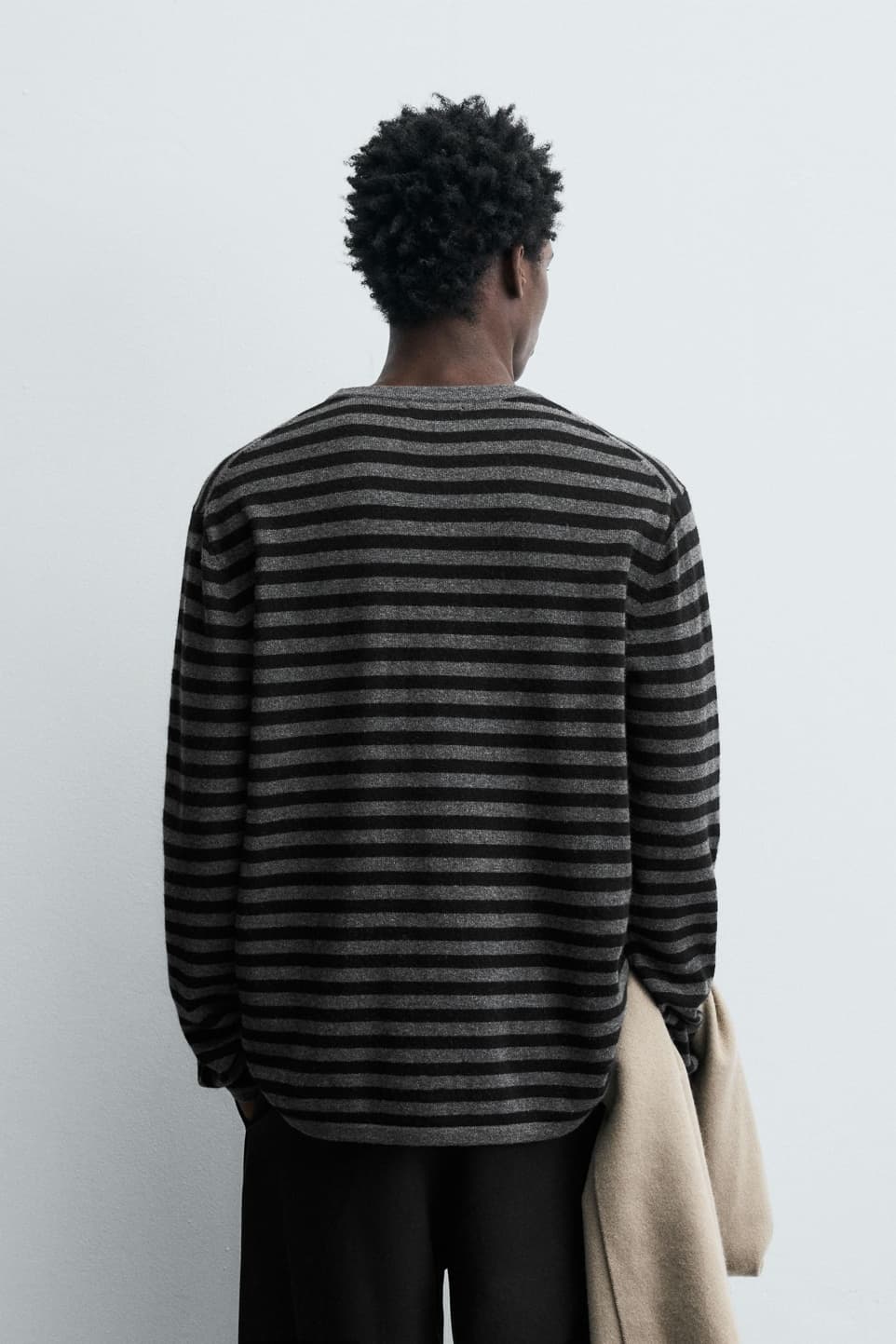 Men's 90s Grunge Grey Black Striped Crew Neck Sweater Cotton Wool Horizontal — view 3
