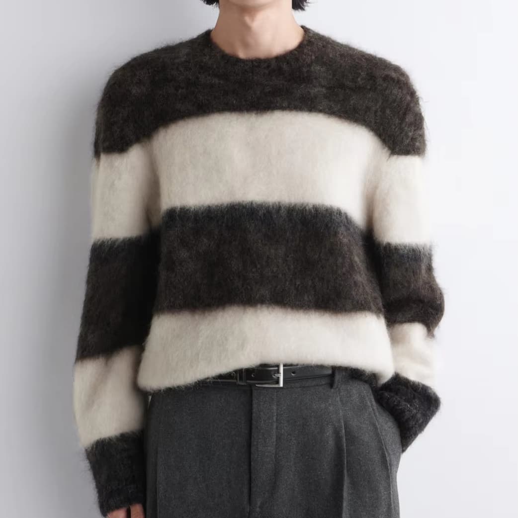 Men's Black White Striped Crew Neck Sweater Brushed Mohair Grunge