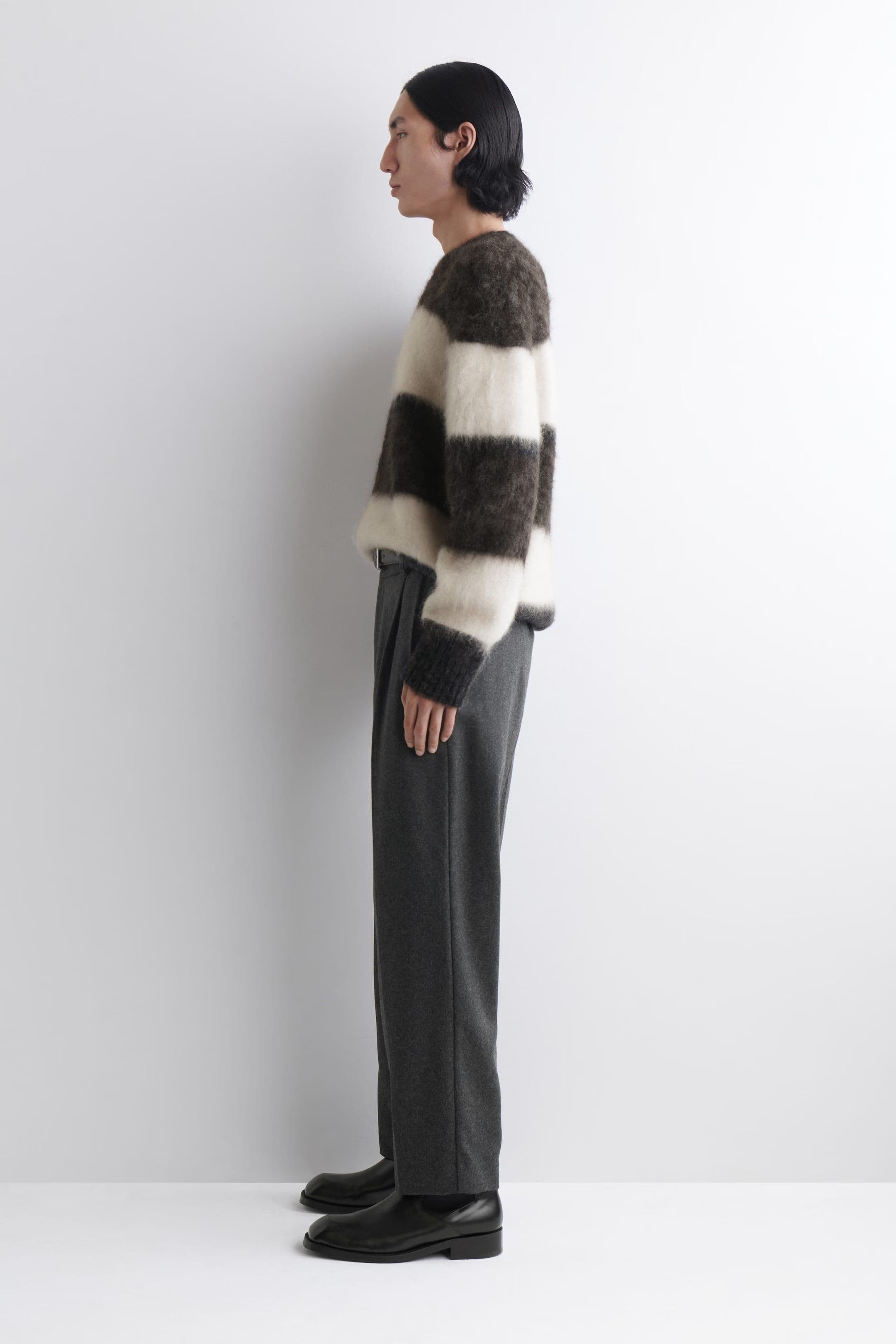 Men's Black White Striped Crew Neck Sweater Brushed Mohair Grunge — view 2