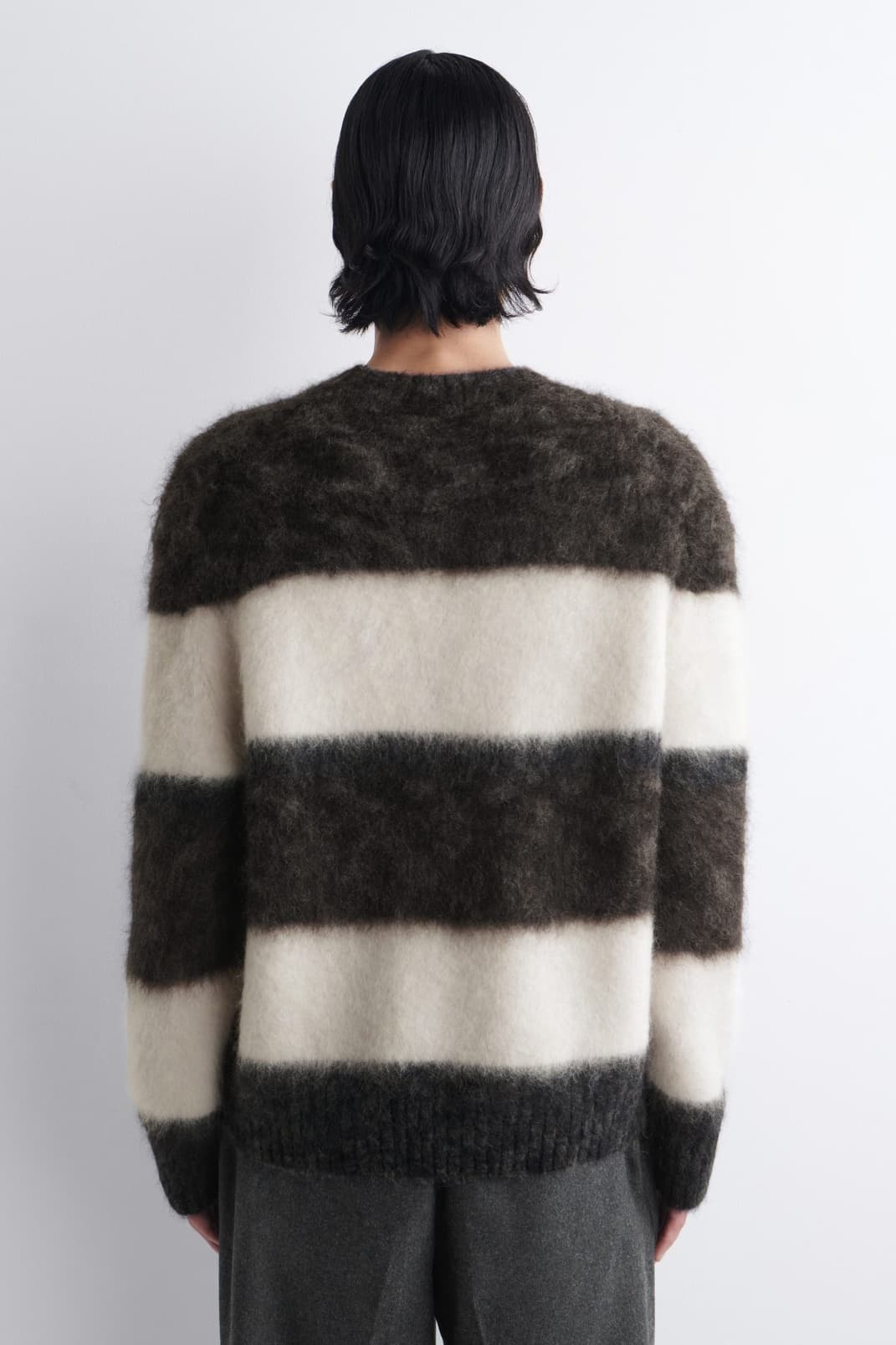Men's Black White Striped Crew Neck Sweater Brushed Mohair Grunge — view 3