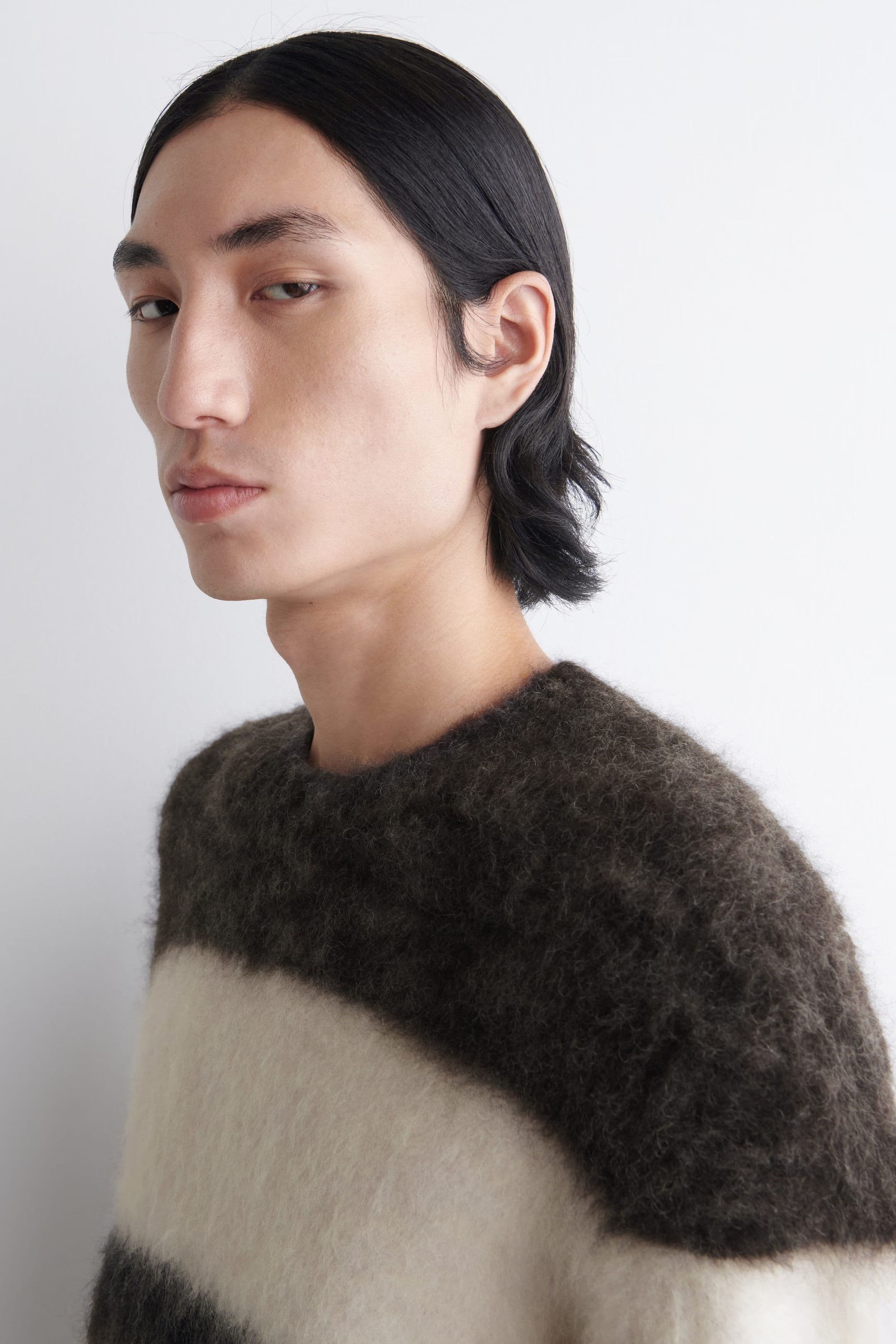Men's Black White Striped Crew Neck Sweater Brushed Mohair Grunge — view 4