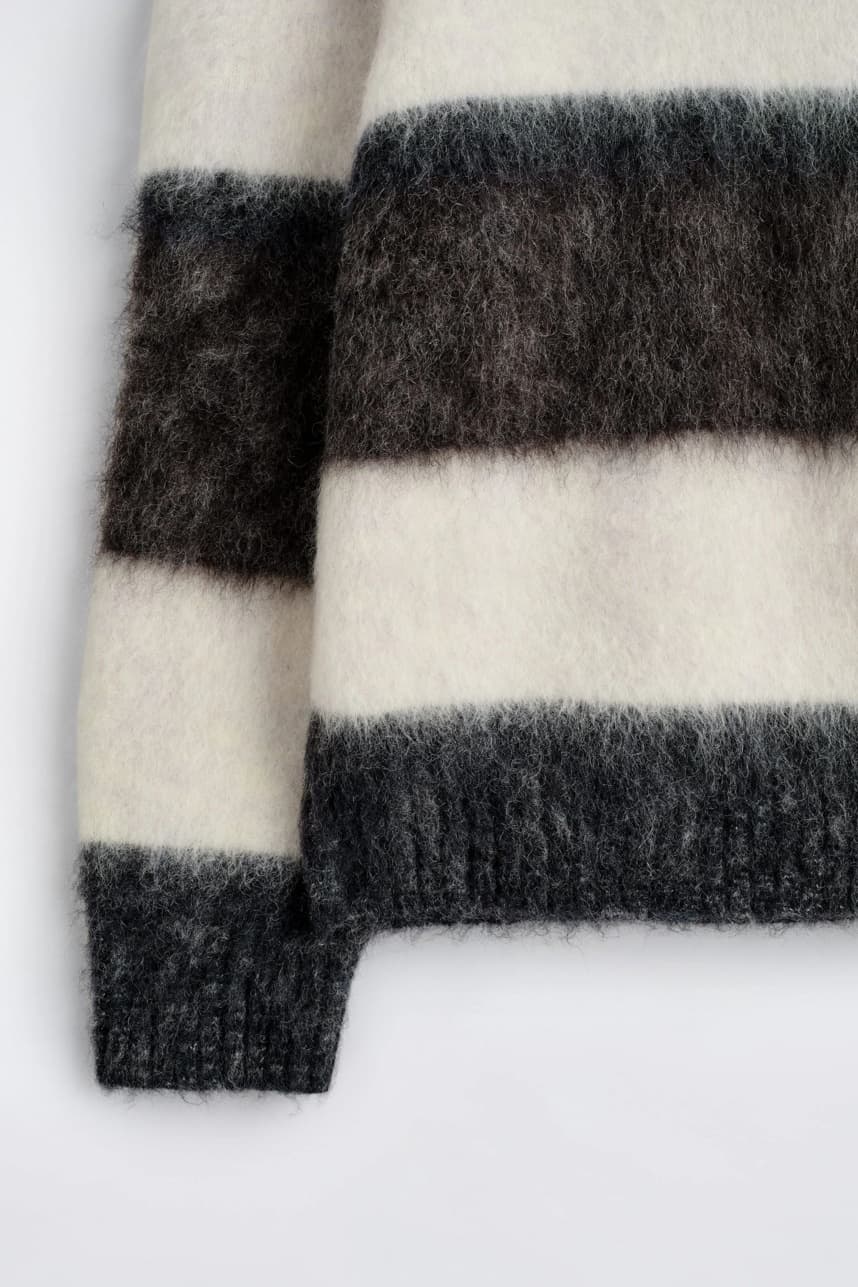 Men's Black White Striped Crew Neck Sweater Brushed Mohair Grunge — view 5