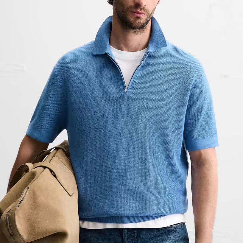 Men's Blue Cotton-Linen Quarter-Zip Knit Polo