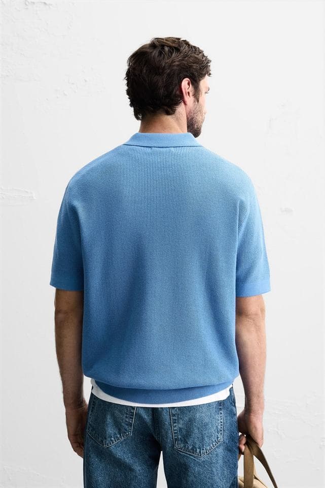 Men's Blue Cotton-Linen Quarter-Zip Knit Polo — view 2