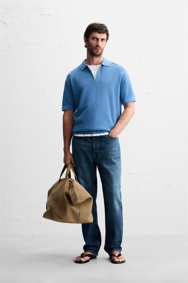 Men's Blue Cotton-Linen Quarter-Zip Knit Polo — view 3
