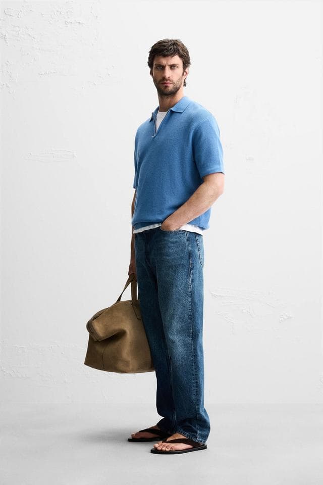 Men's Blue Cotton-Linen Quarter-Zip Knit Polo — view 4