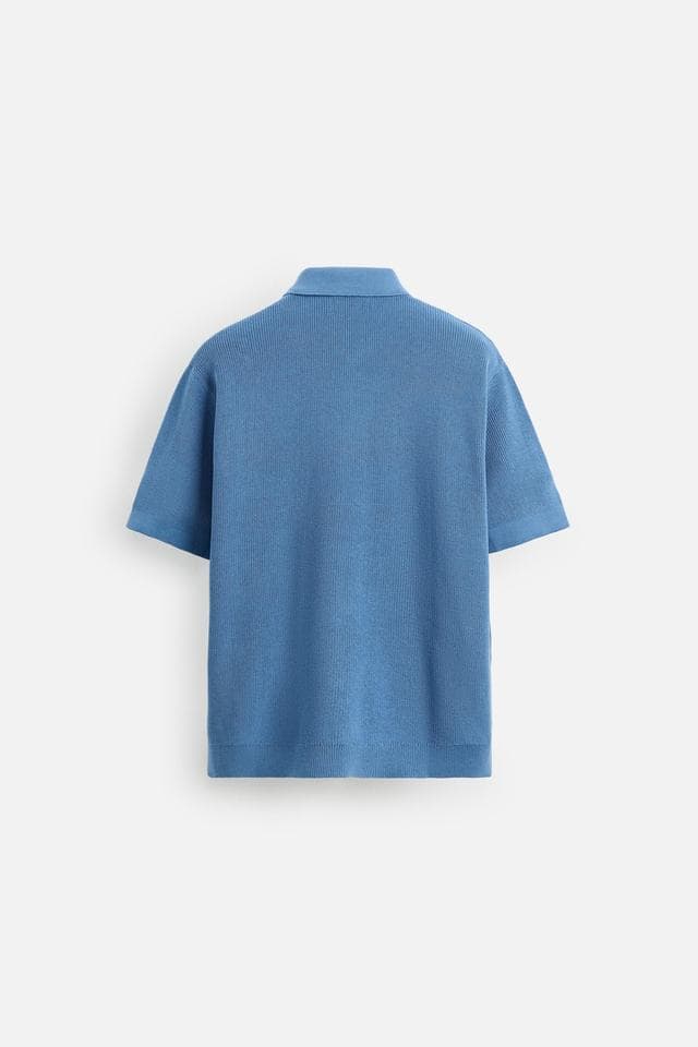 Men's Blue Cotton-Linen Quarter-Zip Knit Polo — view 5