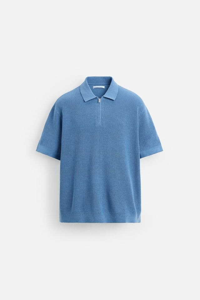 Men's Blue Cotton-Linen Quarter-Zip Knit Polo — view 6