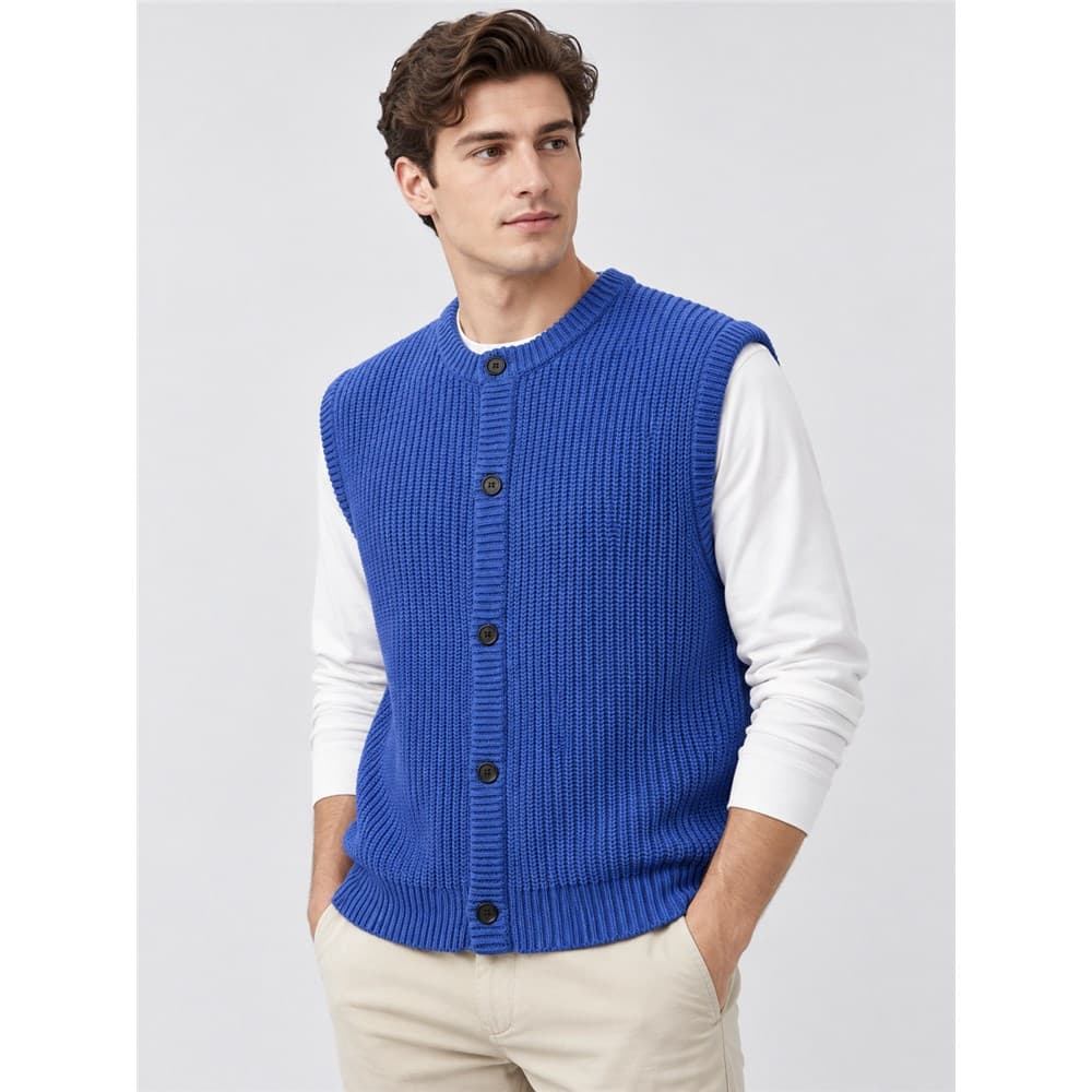 Men's Blue Sleeveless Knit Cardigan — view 6
