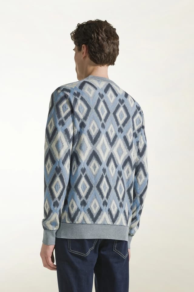 Men's Blue Ikat Diamond Intarsia Knit Cardigan - view 2