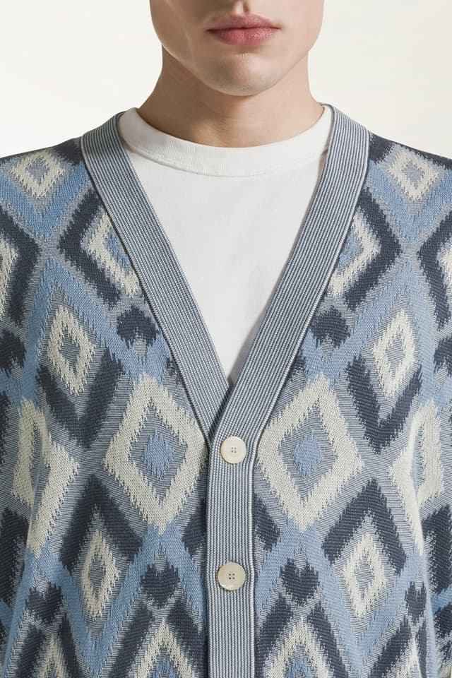Men's Blue Ikat Diamond Intarsia Knit Cardigan - view 3