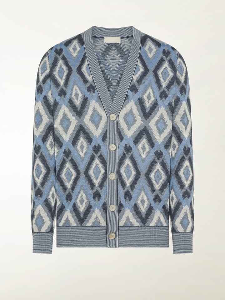 Men's Blue Ikat Diamond Intarsia Knit Cardigan - view 4