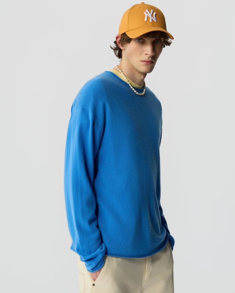 Men's Blue Lightweight Cashmere Crew Neck Sweater
