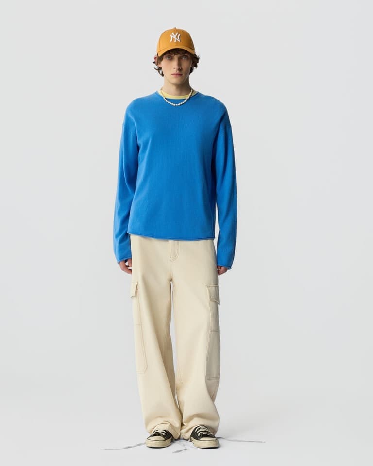 Men's Blue Lightweight Cashmere Crew Neck Sweater - view 3