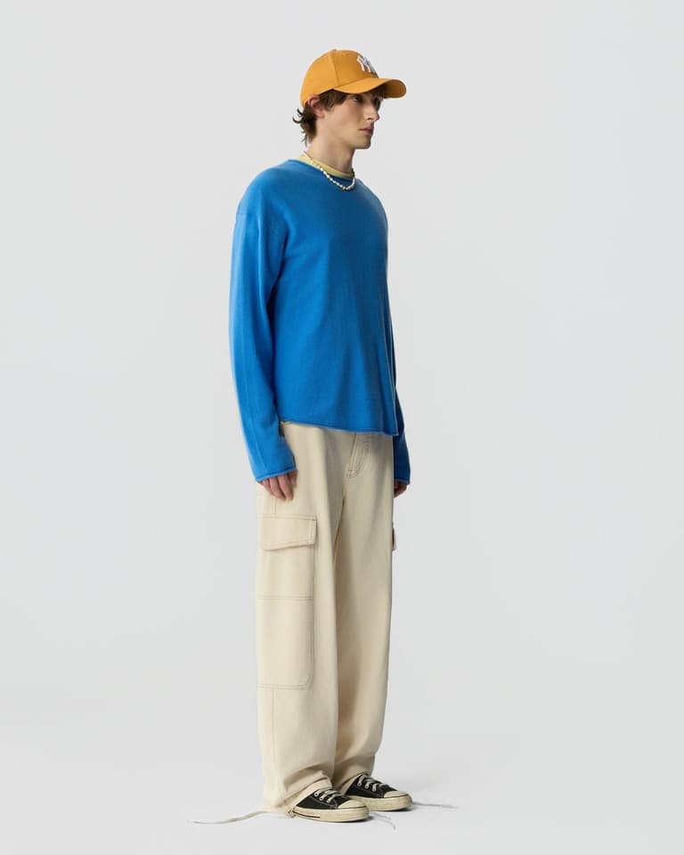 Men's Blue Lightweight Cashmere Crew Neck Sweater - view 4