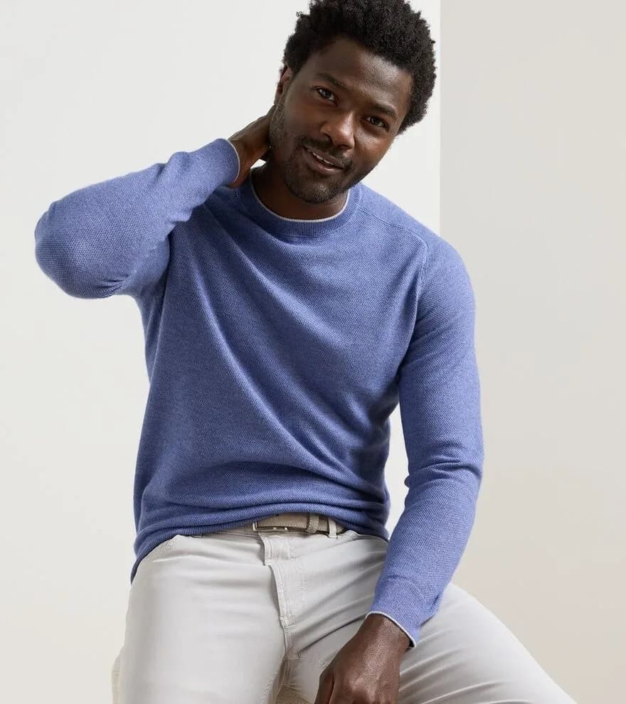 Men's Blue Melange Crew Neck Sweater Simple Knit Wool Blend Pullover
