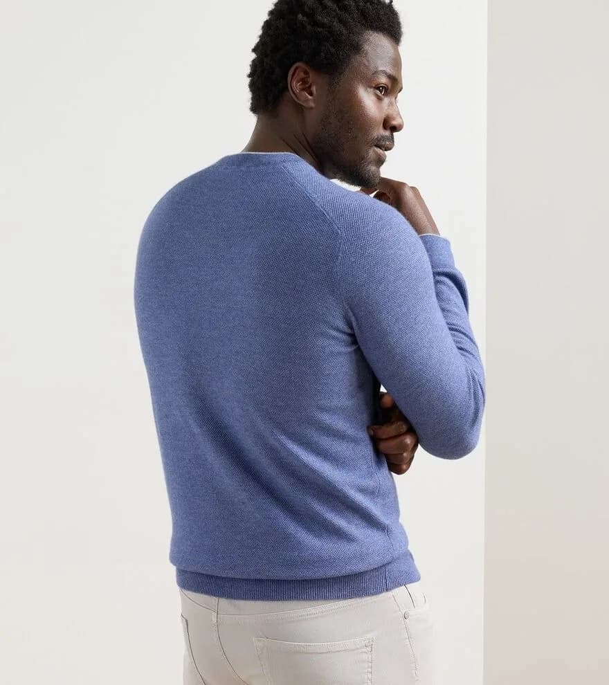Men's Blue Melange Crew Neck Sweater Simple Knit Wool Blend Pullover — view 2