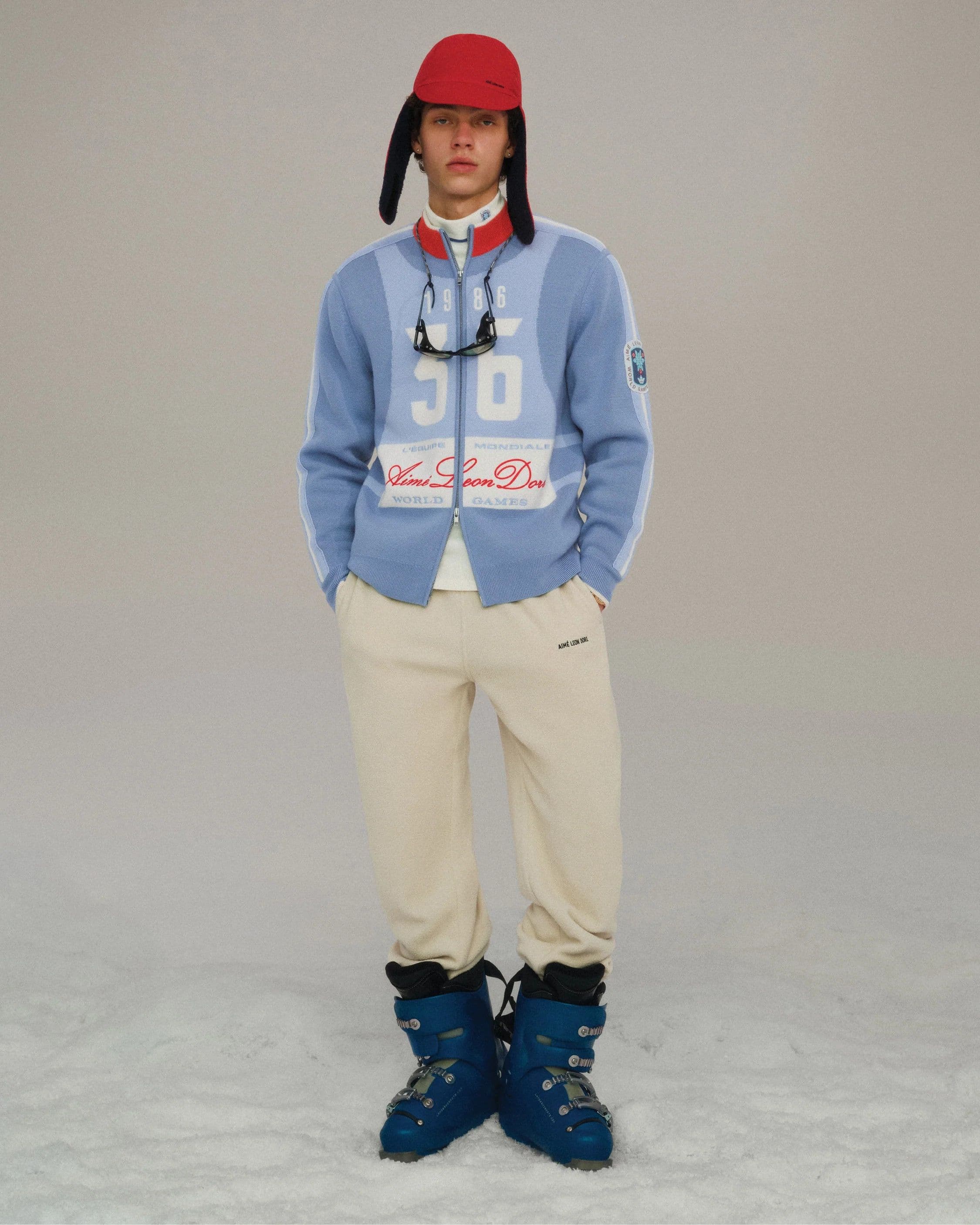 Men's Blue Retro Ski Zip Cardigan Number Graphic Stripe Sporty