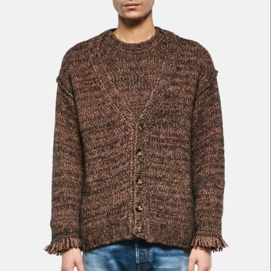 Men's Boho Brown Fringe Hem Cardigan Melange Knit V Neck Rustic Tassel