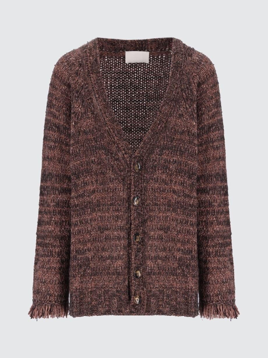 Men's Boho Brown Fringe Hem Cardigan Melange Knit V Neck Rustic Tassel — view 4