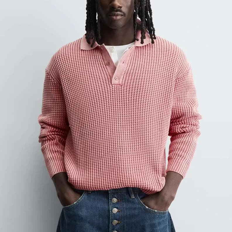 Men's Breathable Cable Knit Polo Sweater
