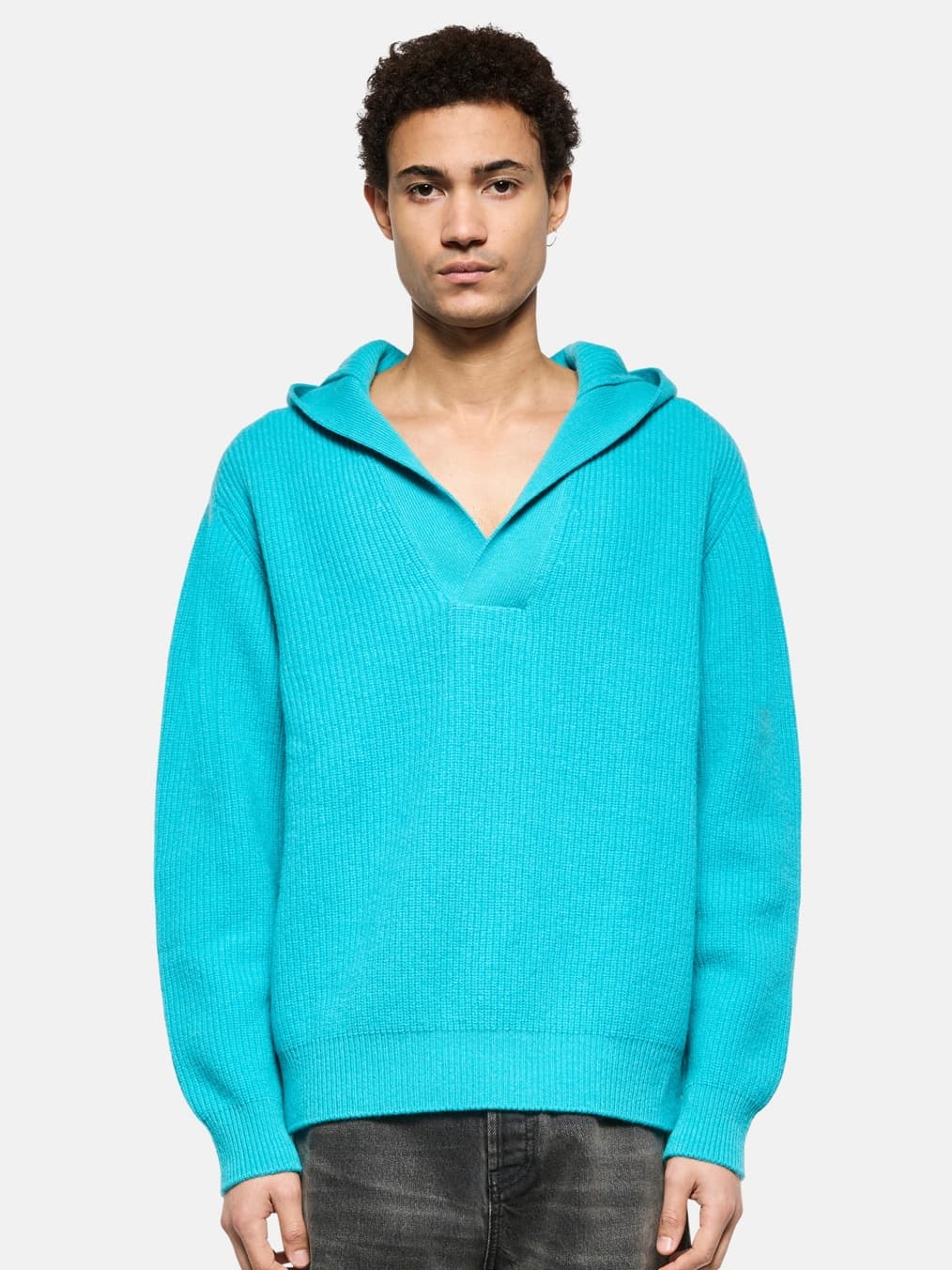 Men's Bright Cyan Blue Hooded Knit Sweater V Neck Ribbed Cotton