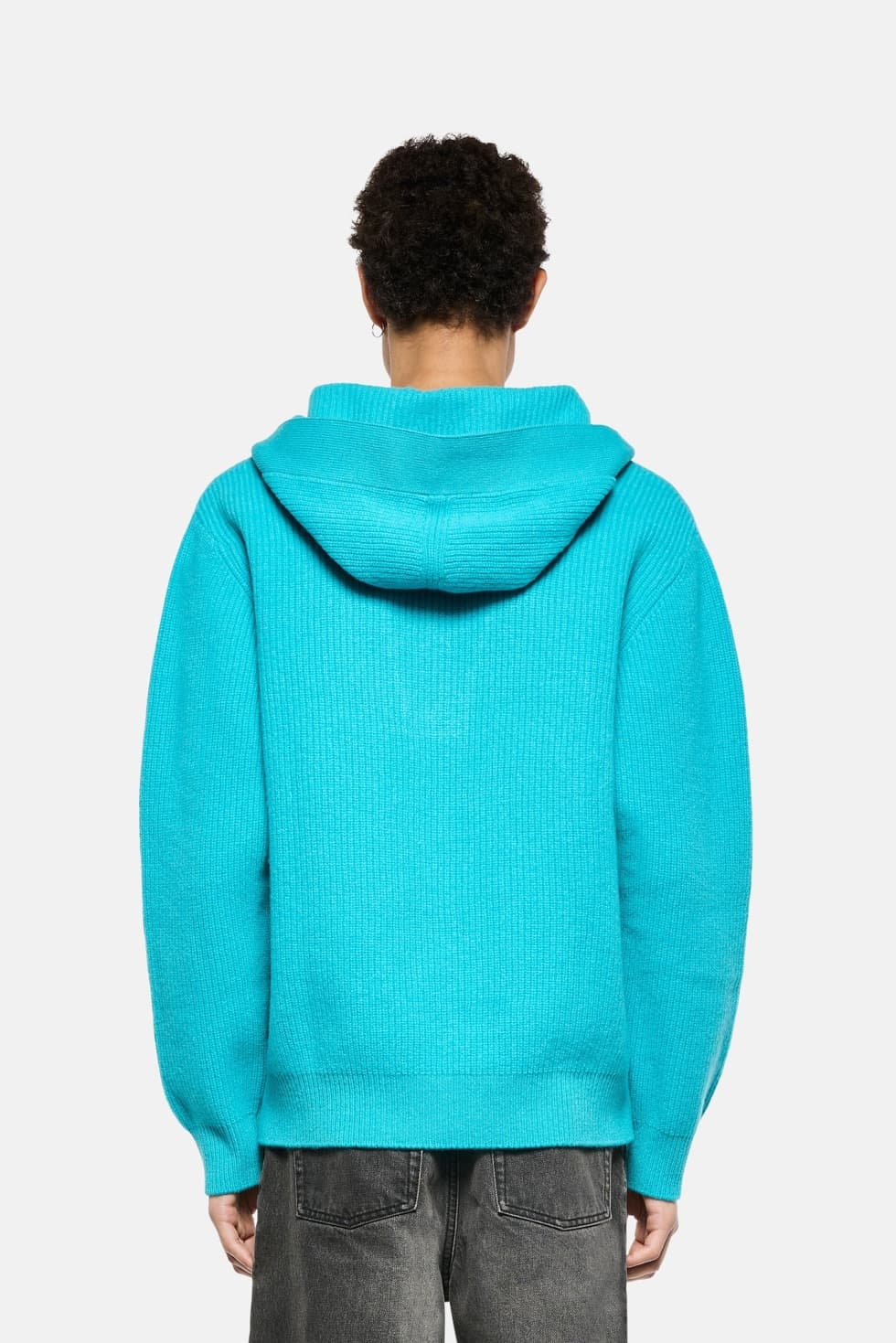 Men's Bright Cyan Blue Hooded Knit Sweater V Neck Ribbed Cotton — view 2