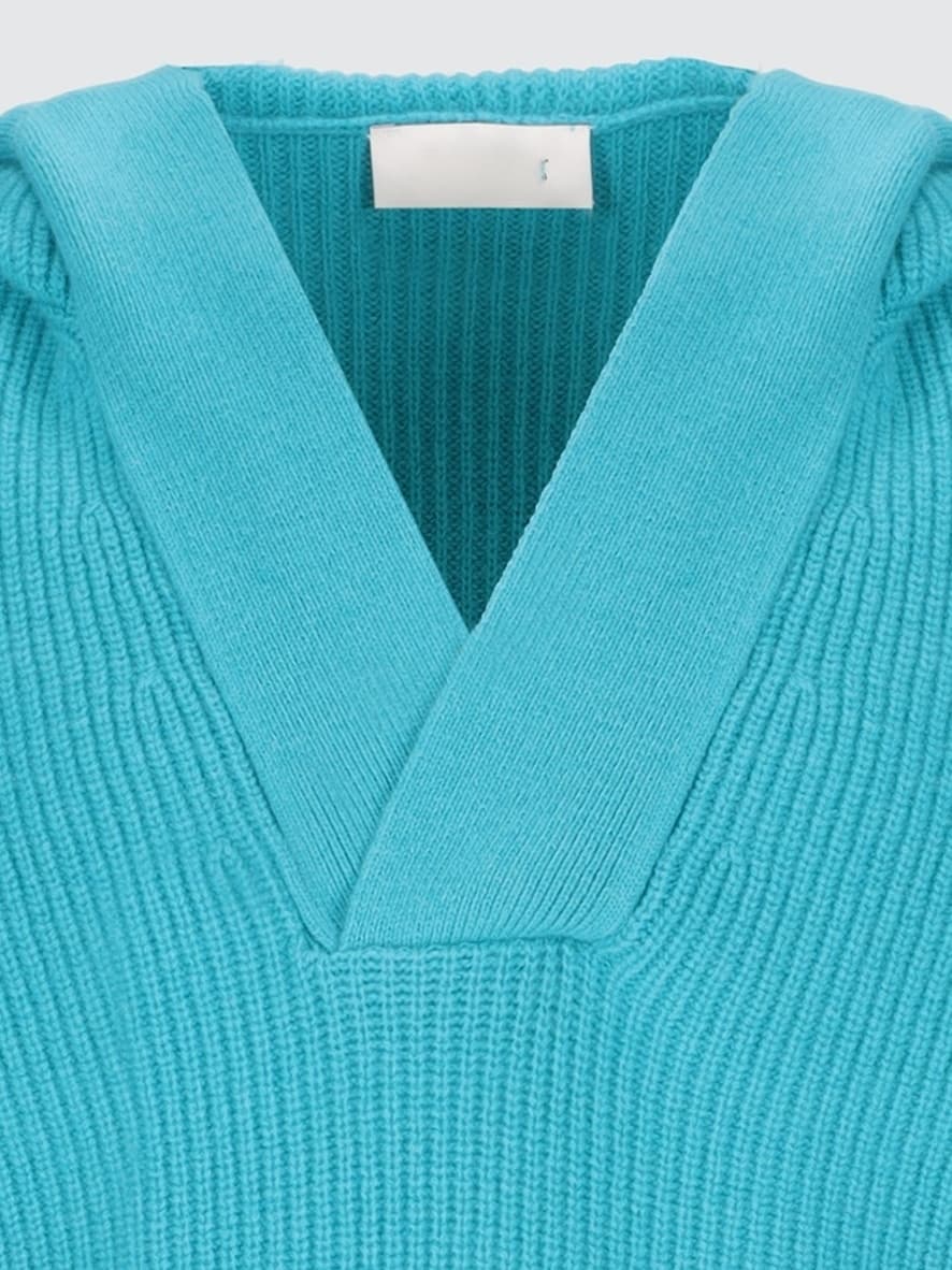 Men's Bright Cyan Blue Hooded Knit Sweater V Neck Ribbed Cotton — view 3