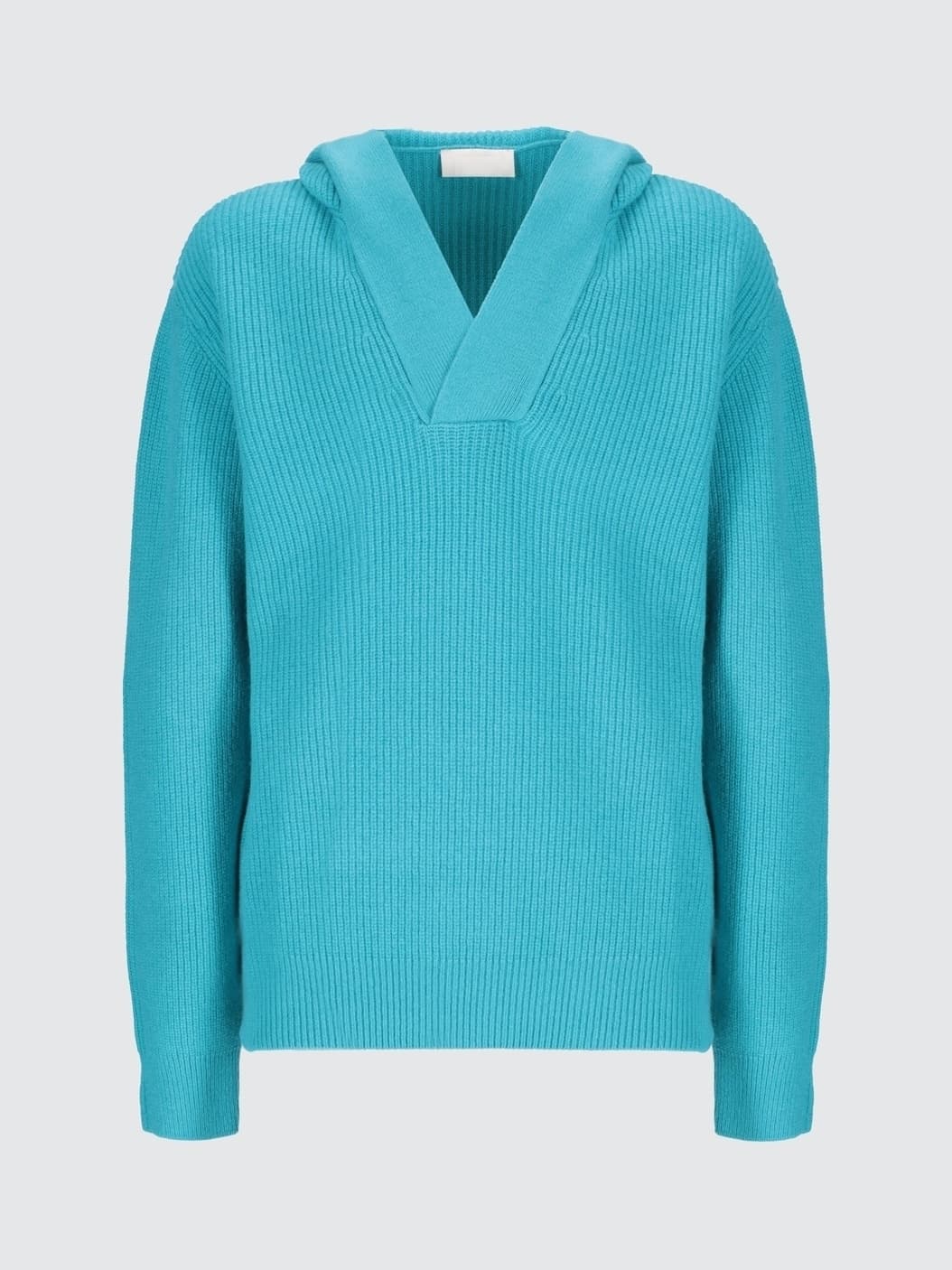 Men's Bright Cyan Blue Hooded Knit Sweater V Neck Ribbed Cotton — view 5
