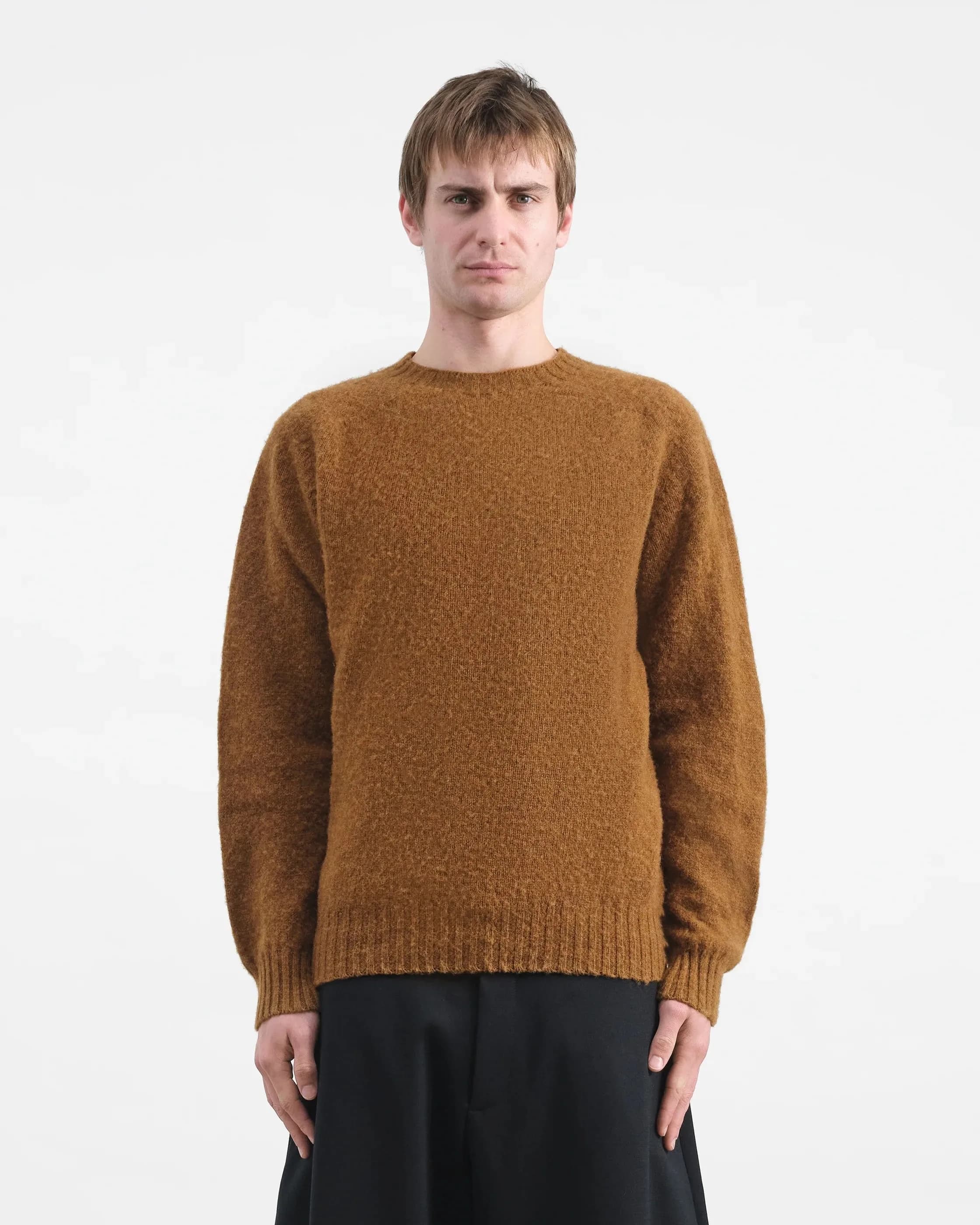 Men's Brown Brushed Mohair Crew Neck Sweater Soft Knit Simple Pullover