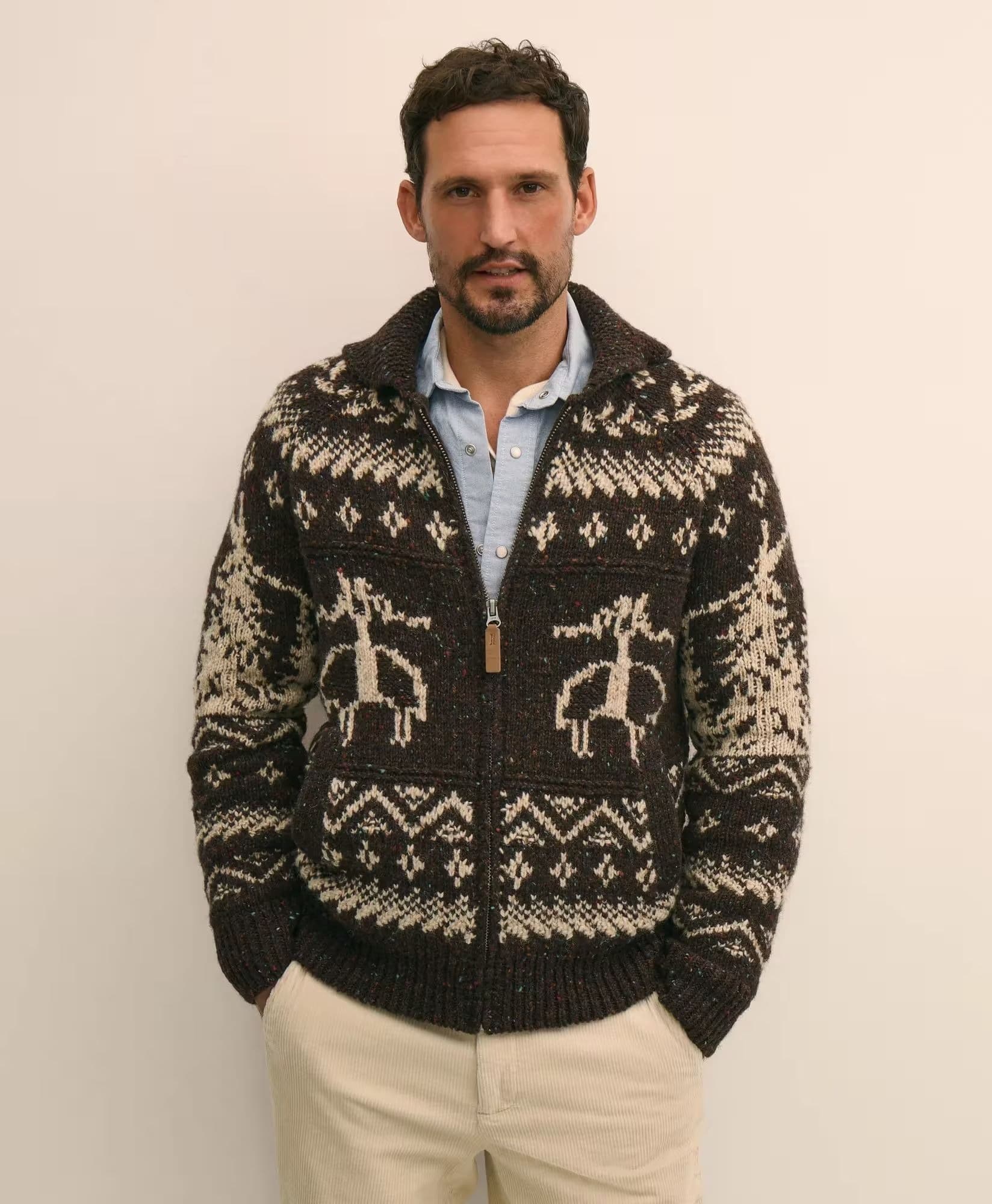 Men's Brown Heavy Knit Full Zip Cardigan Fair Isle