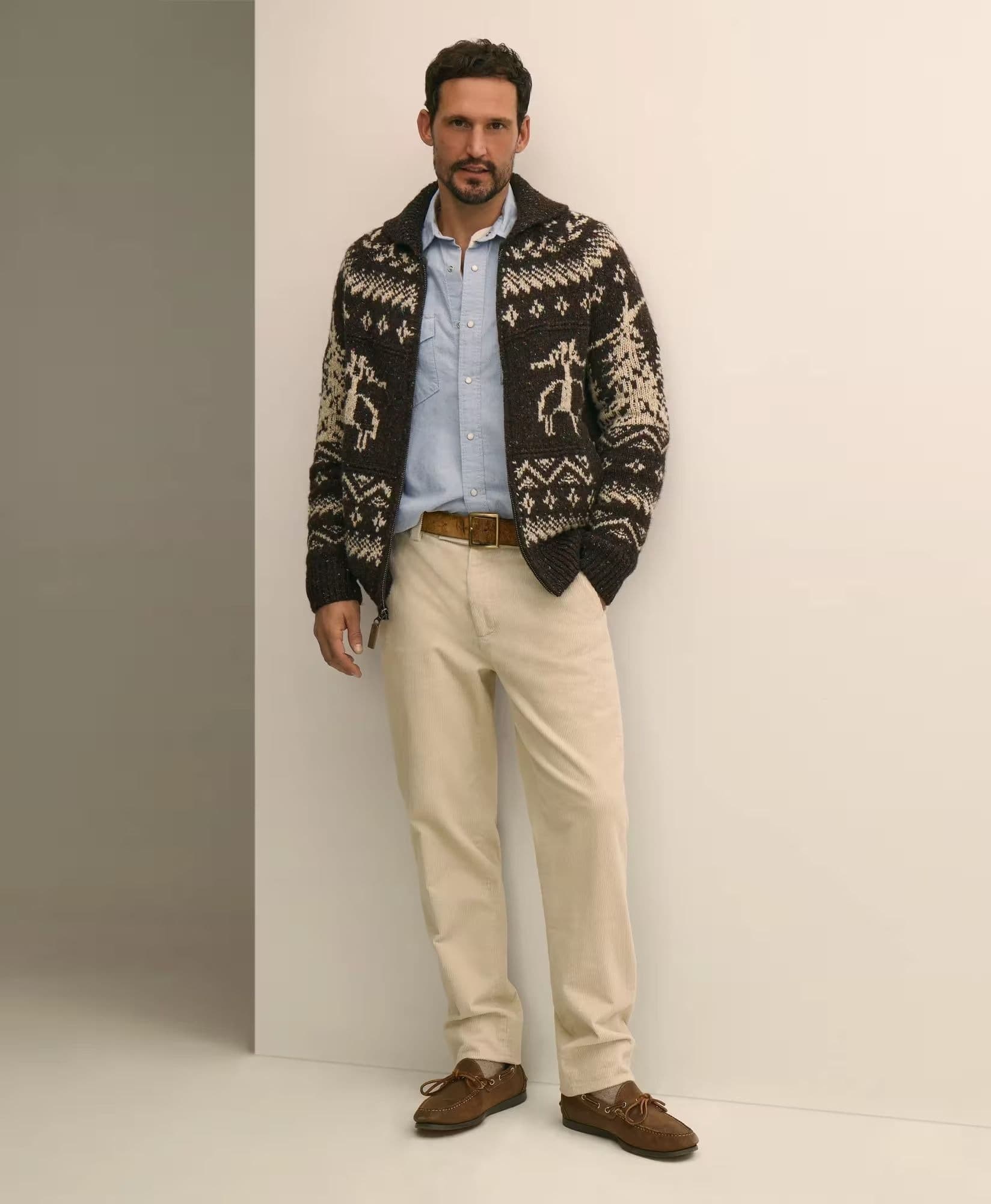 Men's Brown Heavy Knit Full Zip Cardigan Fair Isle — view 3